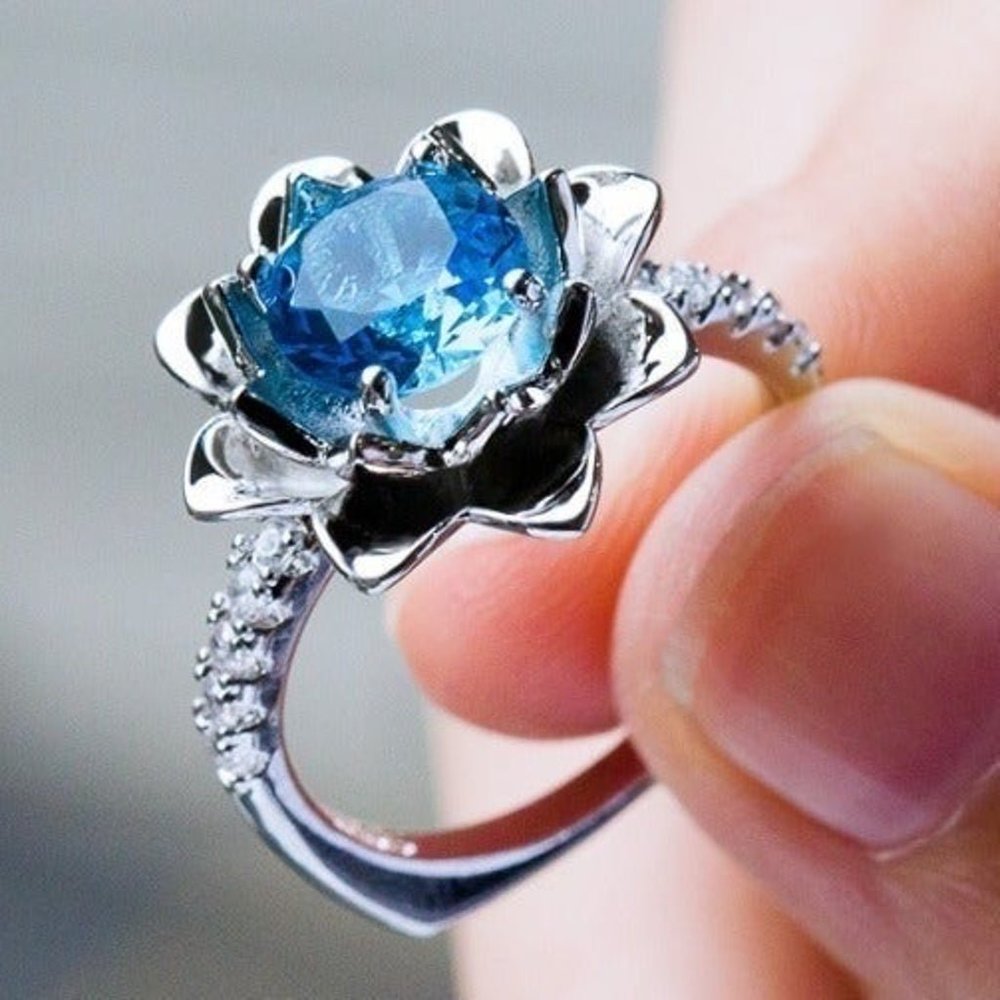 "Retro Ethnic Lotus Gulitter Sea Blue Zircon Rings for Women, VP1246